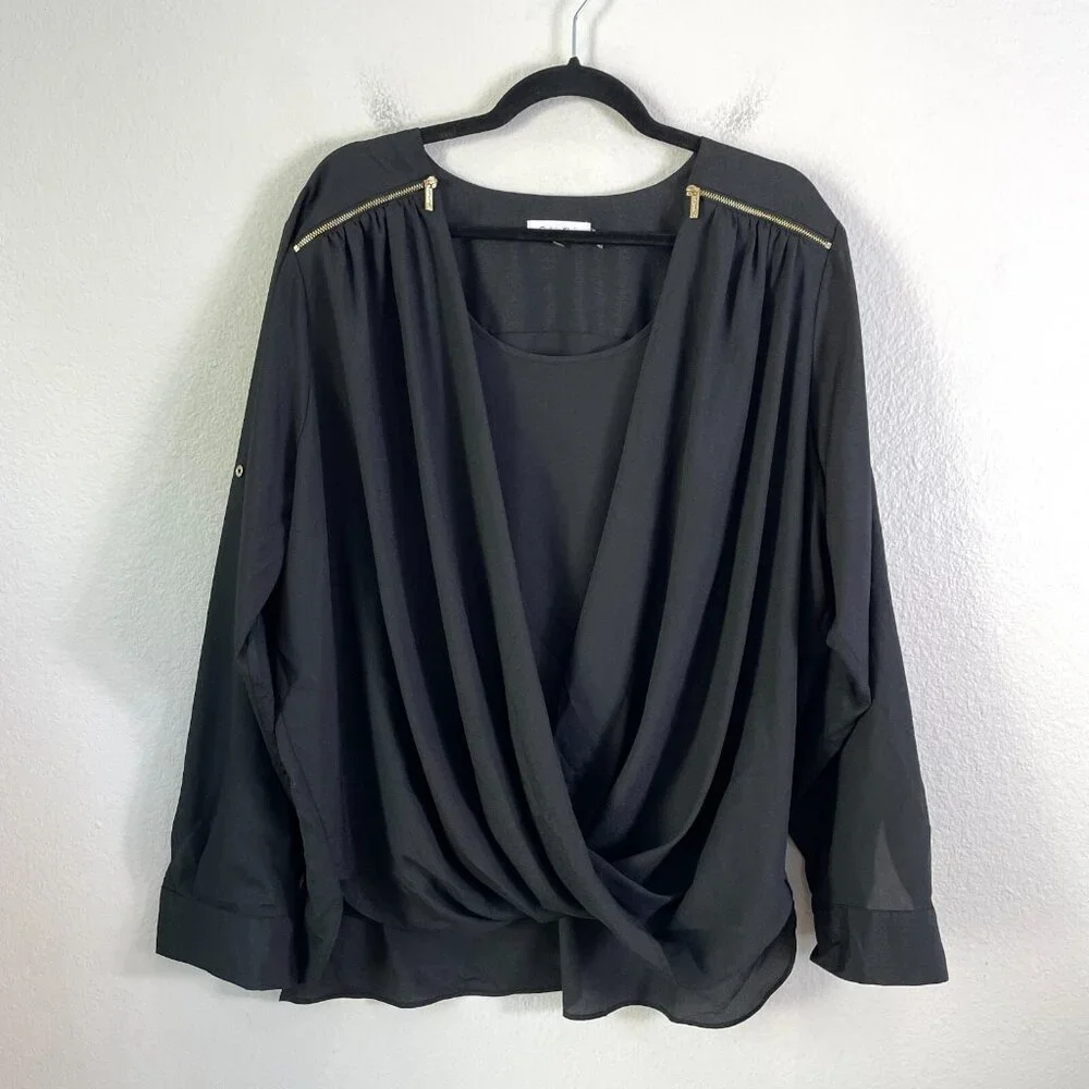 Calvin Klein Womans Plus 2X‎ Black Surplice Blouse Roll Tab Sleeve Shirt Top